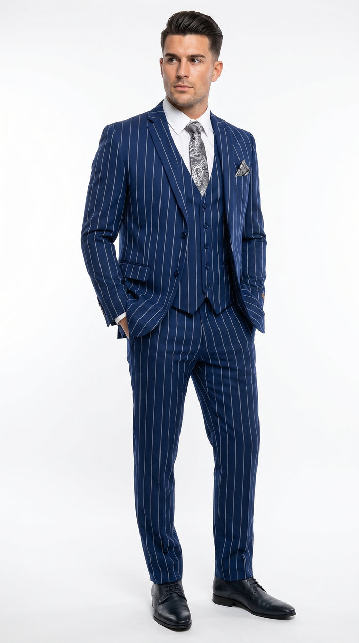 Men’s Navy Blue 1920s Gangster Stripe Vested Suit with White Pinstripes, 2 Button Dress Suit