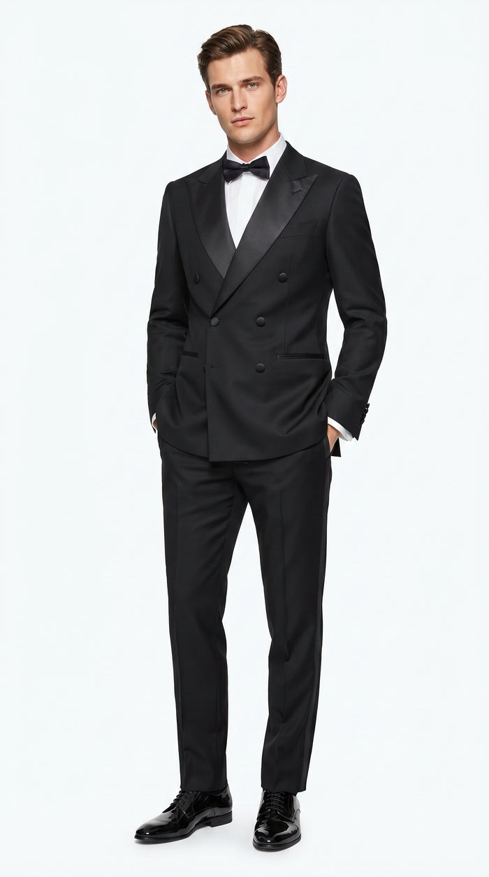 Men’s Black Double Breasted Tuxedo Jacket with Satin Peak Lapel, Formal Wedding Dinner Blazer