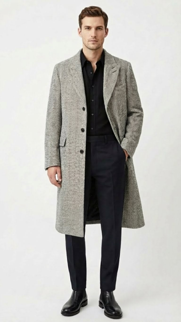 Mens Grey Herringbone Long Overcoat  Tweed Black and White Pattern Wool Topcoat Three Qaurter