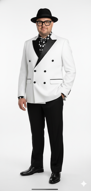 Mens White and Black Double-Breasted Tuxedo  Modern Slim Fit Formal Suit for Weddings, Parties, and Special Occasions
