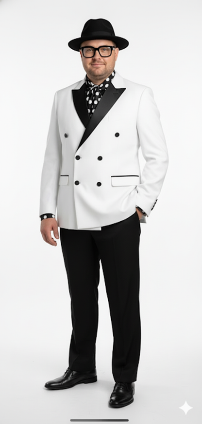 Mens White and Black Double-Breasted Tuxedo  Modern Slim Fit Formal Suit for Weddings, Parties, and Special Occasions
