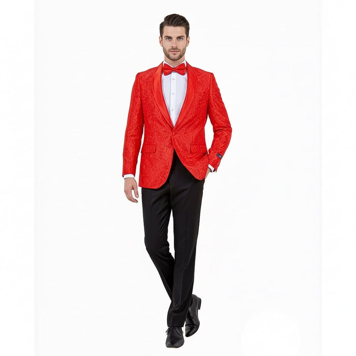 Big and Tall Mens Red Paisley Tuxedo Jacket  Satin Shawl Lapel Blazer with Bow Tie - Christmas Jacket