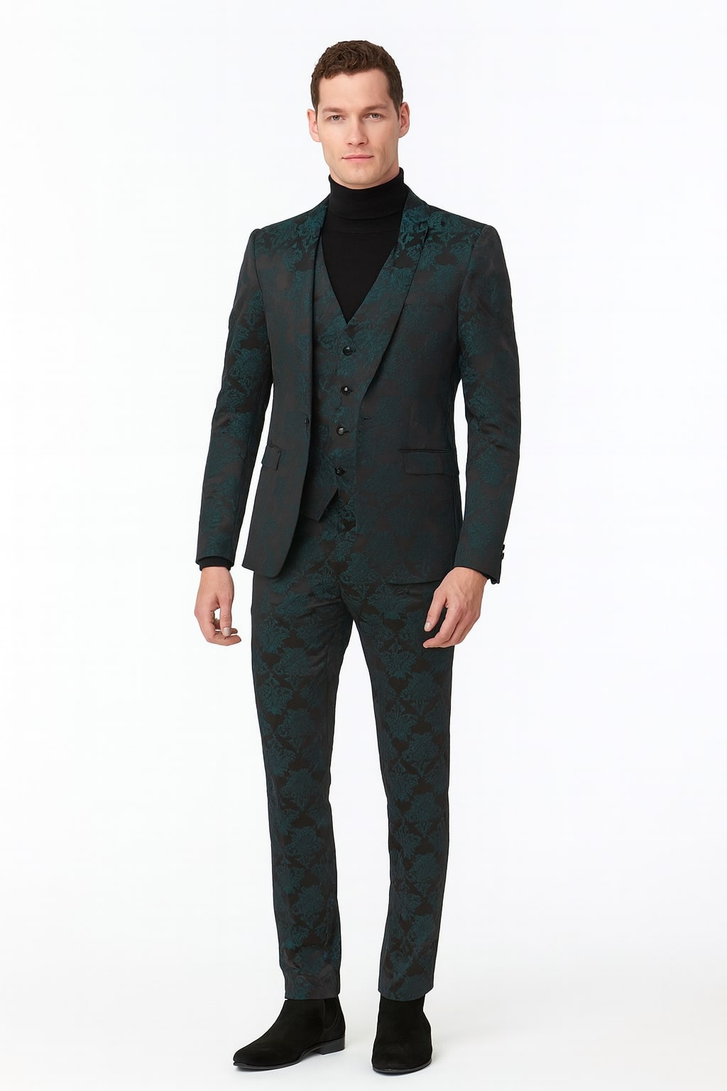 Mens Emerald Green Floral Jacquard 3-Piece Tuxedo Suit  Slim Fit Formal Set with Blazer, Vest, and Pants Paisley Fabric - Ultra slim fitted