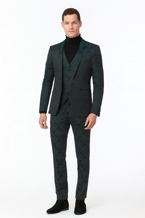 Mens Emerald Green Floral Jacquard 3-Piece Tuxedo Suits  Slim Fit Formal Set with Blazer, Vest, and Pants Paisley Fabric - Ultra slim fitted