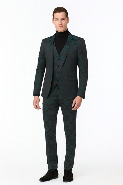 Mens Emerald Green Floral Jacquard 3-Piece Tuxedo Suit  Slim Fit Formal Set with Blazer, Vest, and Pants Paisley Fabric - Ultra slim fitted