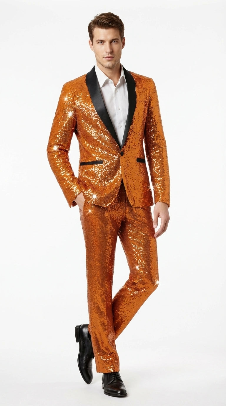 Mens Orange Sequin Tuxedo Suit – Shiny Wedding Suit Set with Black Lapel for Prom, Party, Gala and Formal Evening Wear - Goldish Orange