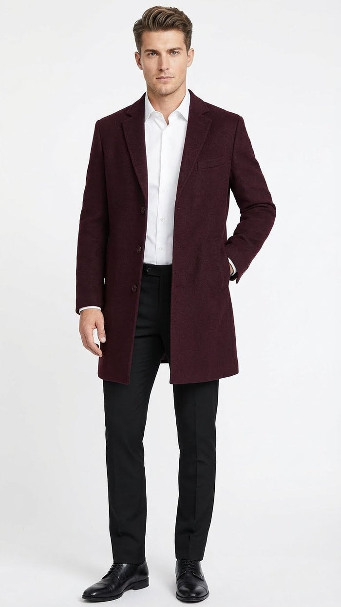 Mens Burgundy Mid-Length Overcoat  Classic Fit Wool Blend Dress Coat Three Quarter Carcoat Topcoat