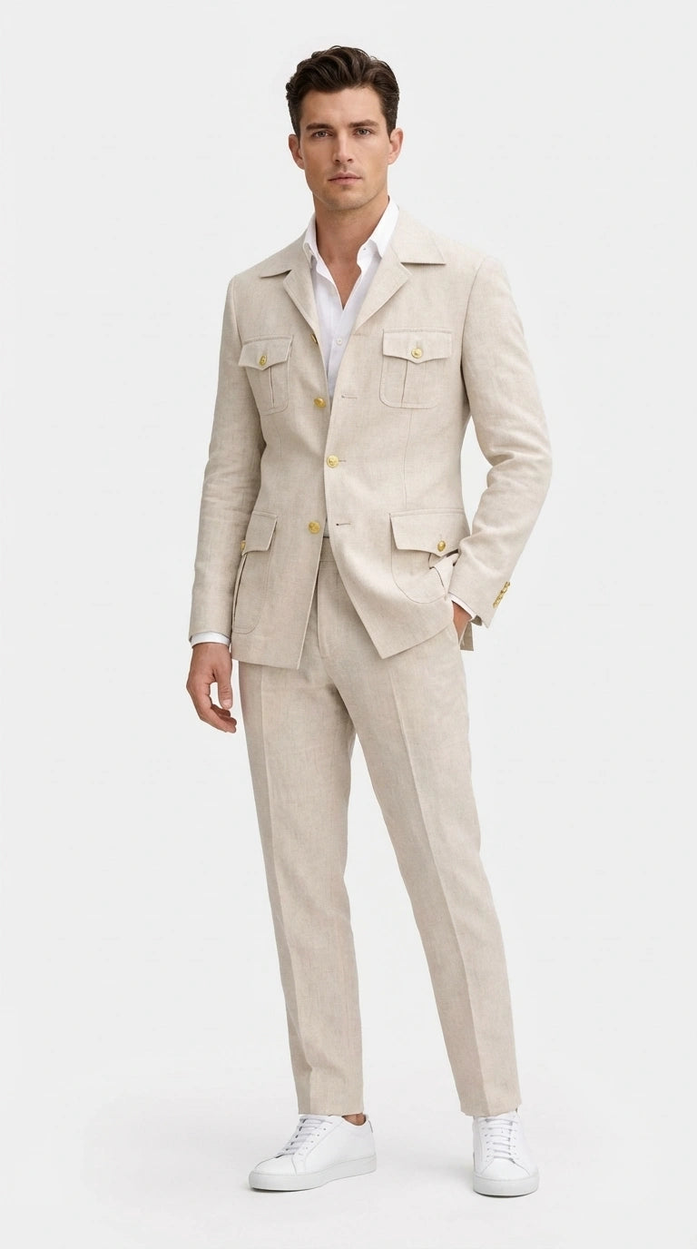 Mens Tan Beige Safari Military Walking Suit Set – Casual Two Piece Outfit Lightweight Summer Blazer and Pants Set Classic Casua Wear