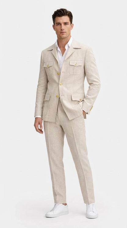 Mens Tan Beige Safari Military Walking Suit Set – Casual Two Piece Outfit Lightweight Summer Blazer and Pants Set Classic Casua Wear