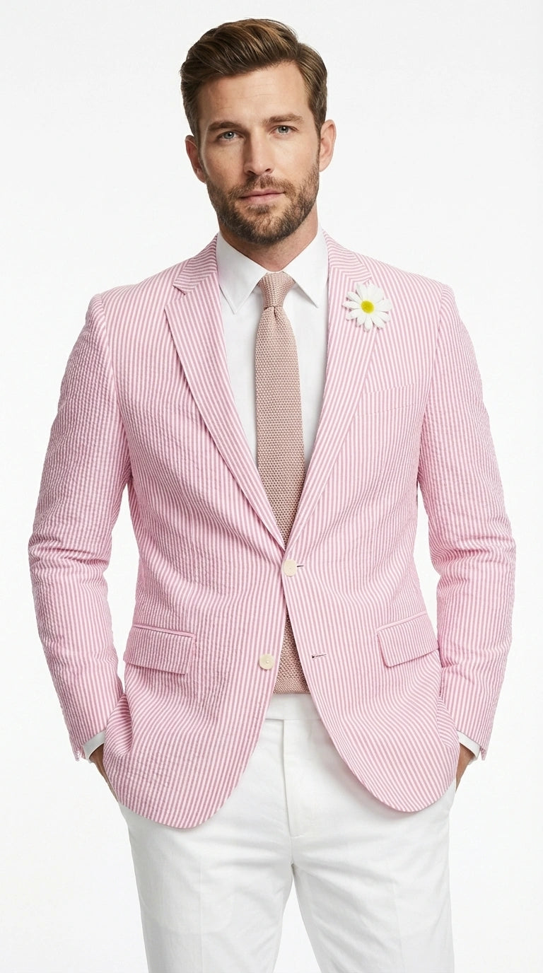 Men's Pink Seersucker Blazer – Lightweight Striped Summer Sport Coat Casual Smart Formal Jacket