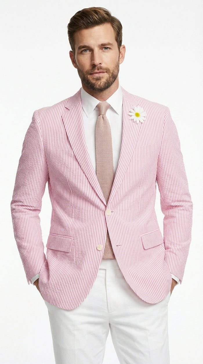 Men's Pink Seersucker Blazer – Lightweight Striped Summer Sport Coat Casual Smart Formal Jacket