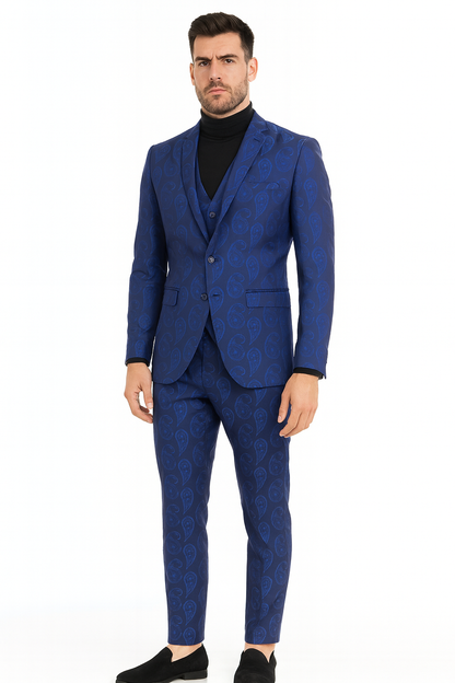 Mens Sapphire Blue Paisley 3-Piece Suit  Slim Fit Designer Tuxedo Set for Weddings and Formal Events in Cobalt Blue Color