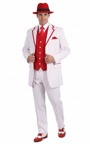 Mens 1920s White and Red Pinstripe Zoot Suit with Fedora Hat and Wingtip Shoes  Vintage Gangster 3-Piece New Year Holiday Christmas Suit
