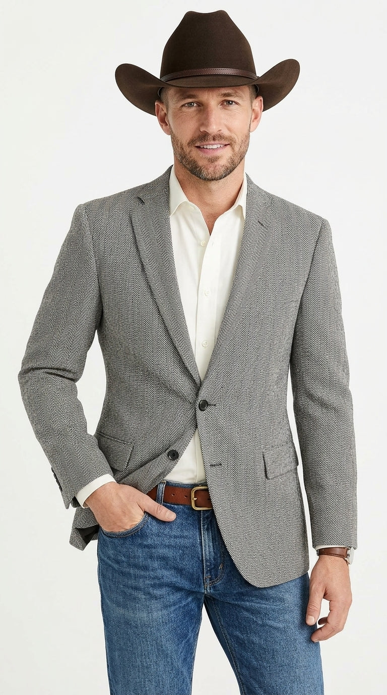 Men’s Light Grey & Black Herringbone Western Blazer – Cowboy Sport Coat Jacket