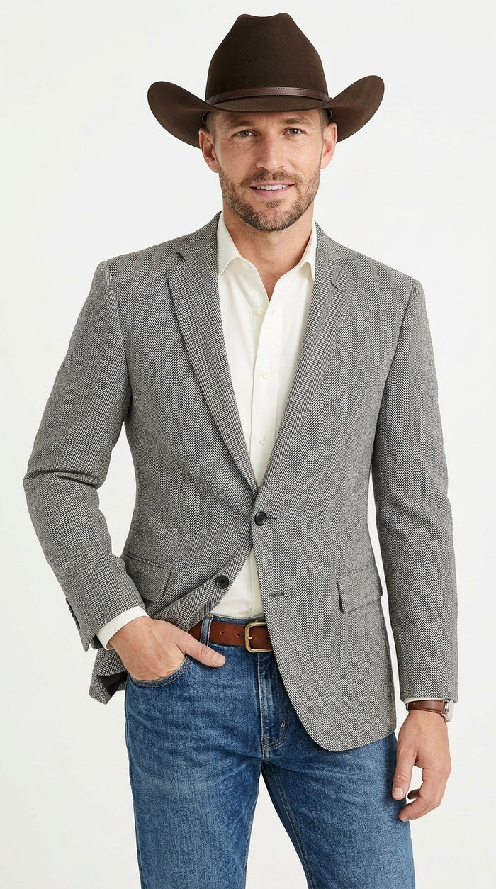 Men’s Light Grey & Black Herringbone Western Blazer – Cowboy Sport Coat Jacket