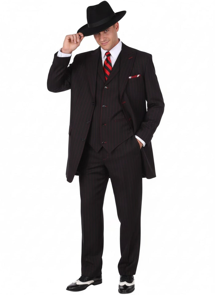Mens Black and Red Pinstripe Zoot Suit - 1920s Gangster Vintage 3-Piece Suit for Formal, Prom, and Themed Events
