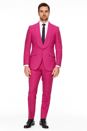 Mens Hot Pink Tuxedo Dinner Jacket  Pants with Shawl Lapel  Slim Fit 2-Piece Suit for Weddings, Proms Suit in Fuchsia Colors