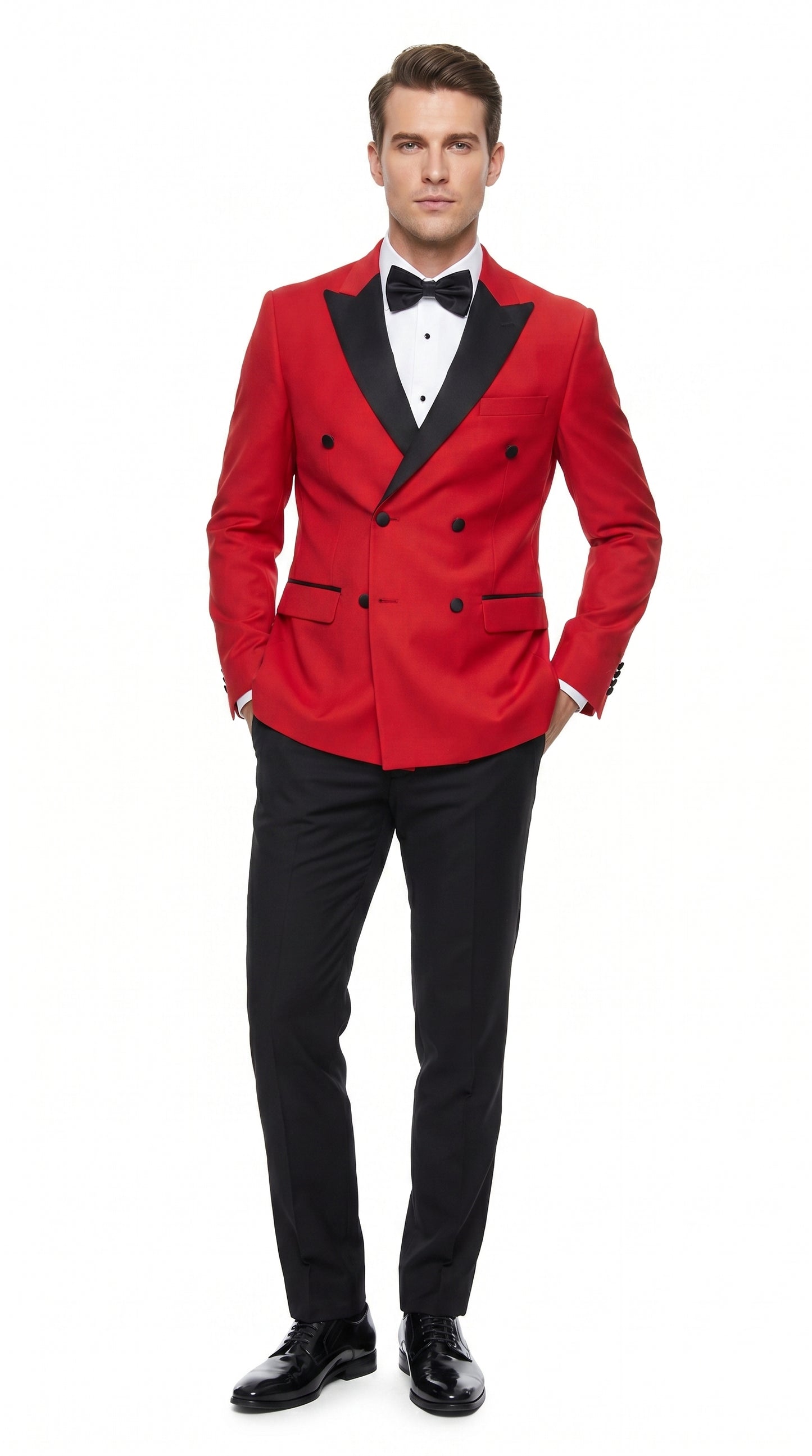 Men’s Red Double Breasted Wool Tuxedo with Black Lapel, Formal Wedding Prom Dinner Jacket