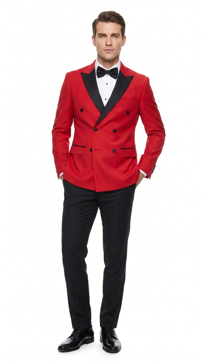 Men’s Red Double Breasted Wool Tuxedo with Black Lapel, Formal Wedding Prom Dinner Jacket