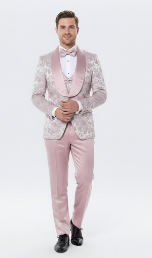 Mens Light Pink Dusty Rose -  Floral Tuxedo Suit  Luxury Satin Shawl Lapel 3-Piece Formal Wedding and Prom Suit in Blush Mauve color