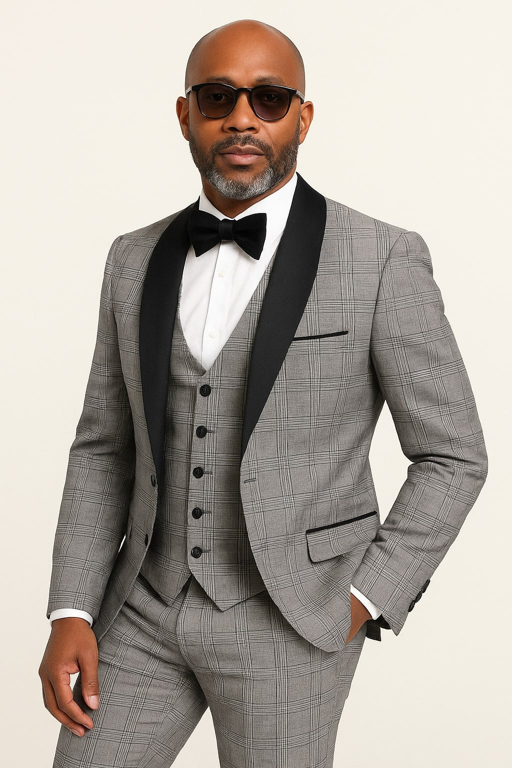 Men's Black and White Plaid Tuxedo  3 Piece Suit with Black Velvet Shawl Lapel - Gray Glein Tartan Pattern Wedding Suit