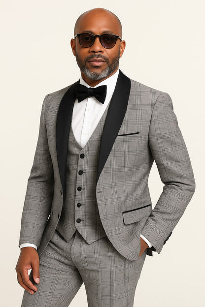 Men's Black and White Plaid Tuxedo  3 Piece Suit with Black Velvet Shawl Lapel - Gray Glein Tartan Pattern Wedding Suit