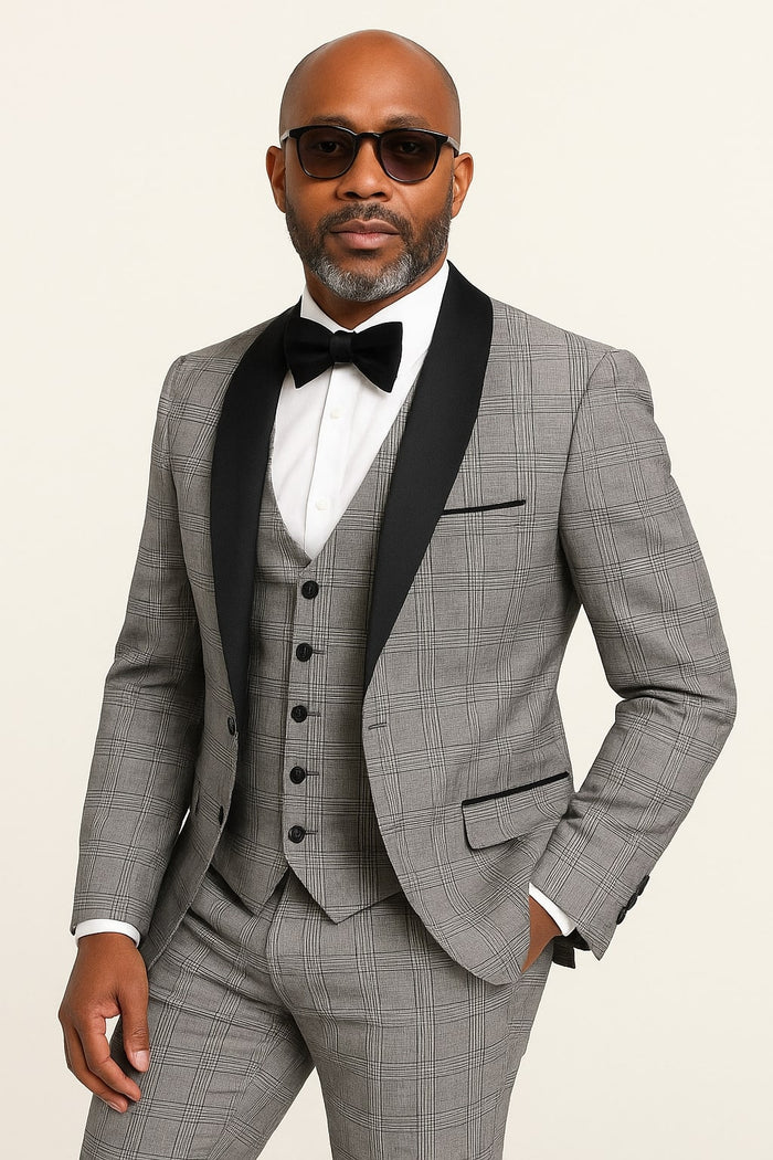 Men's Black and White Plaid Tuxedo  3 Piece Suit with Black Velvet Shawl Lapel - Gray Glein Tartan Pattern Wedding Suit