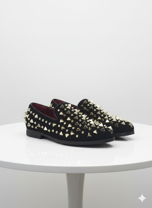 Mens Studded Velvet Loafers  Designer Party and Prom Dress Shoes with Gold and Silver Spikes