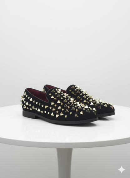 Mens Studded Velvet Loafers  Designer Party and Prom Dress Shoes with Gold and Silver Spikes