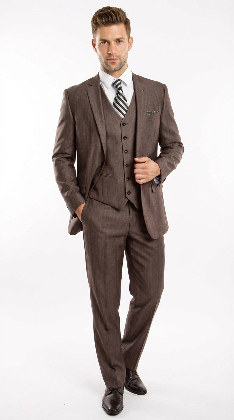 Men’s Brown Sharkskin 3 Piece Suit – Textured Two Button Vested Business Formal Suit for Wedding, Party Wear Elegant