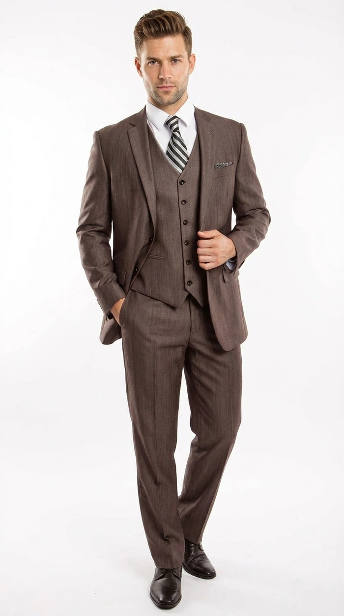 Men’s Brown Sharkskin 3 Piece Suit – Textured Two Button Vested Business Formal Suit for Wedding, Party Wear Elegant