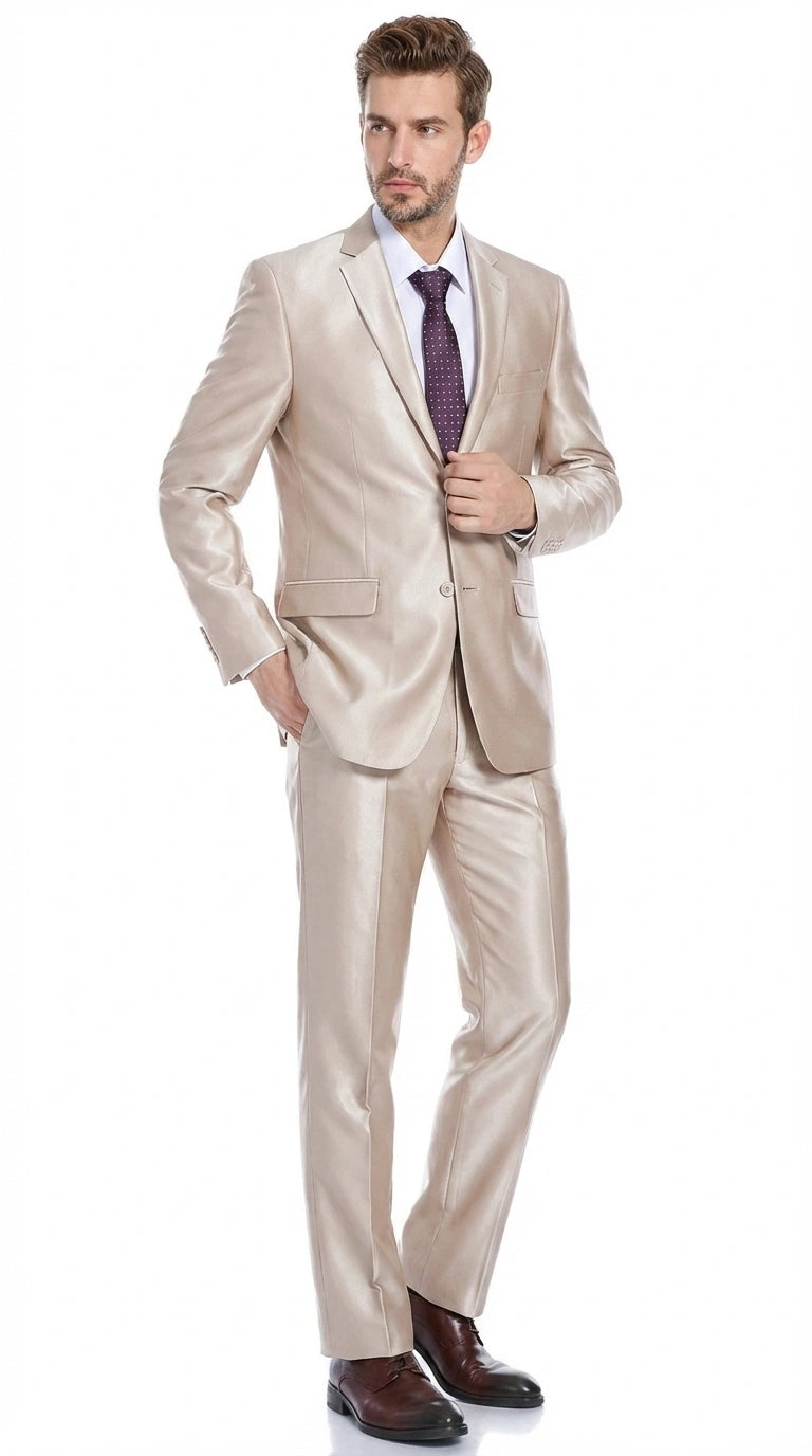 Men’s Champagne Tan Sharkskin 2 Button Suit – Glossy Formal Suit with Optional Vest for Wedding, Prom, Business Beige Color