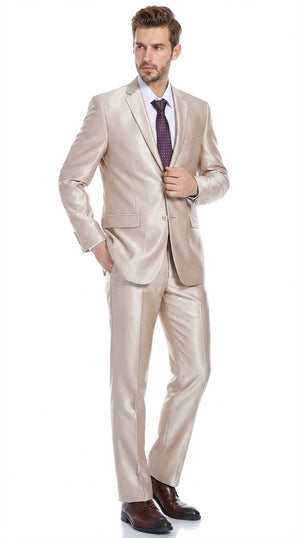 Men’s Champagne Tan Sharkskin 2 Button Suit – Sleek Formal Suit with Optional Vest for Wedding, Prom, Business Beige Color