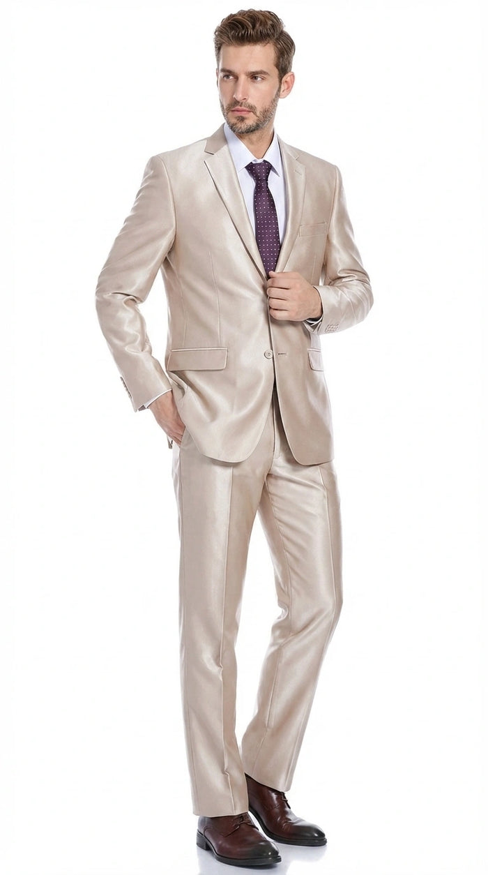 Men’s Champagne Tan Sharkskin 2 Button Suit – Sleek Formal Suit with Optional Vest for Wedding, Prom, Business Beige Color