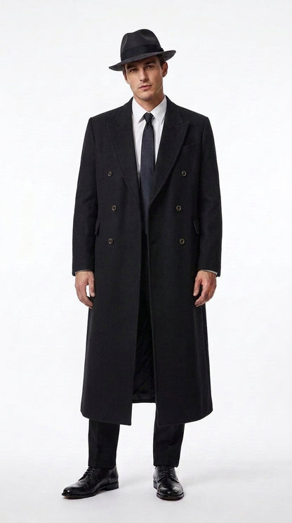 Men’s Godfather Black Double-Breasted Long Overcoat – Vintage Mobster Gangster Coat