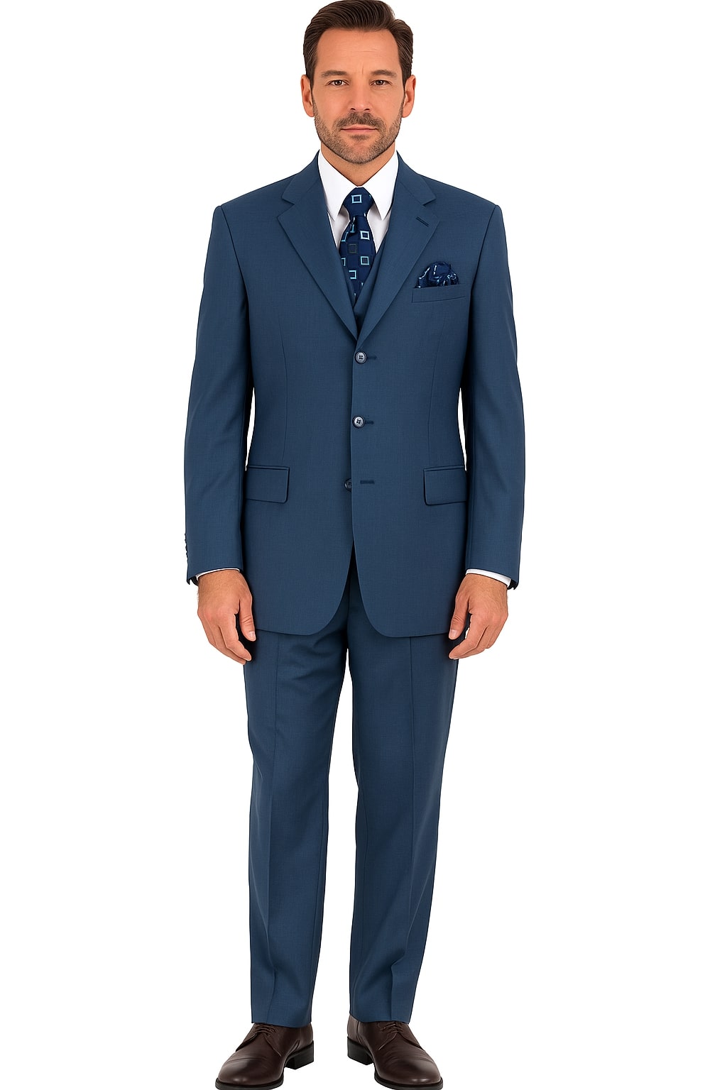 Mens Steel Blue 3-Button Classic Suit  Formal Business Attire with Vest, Tie and Pocket Square