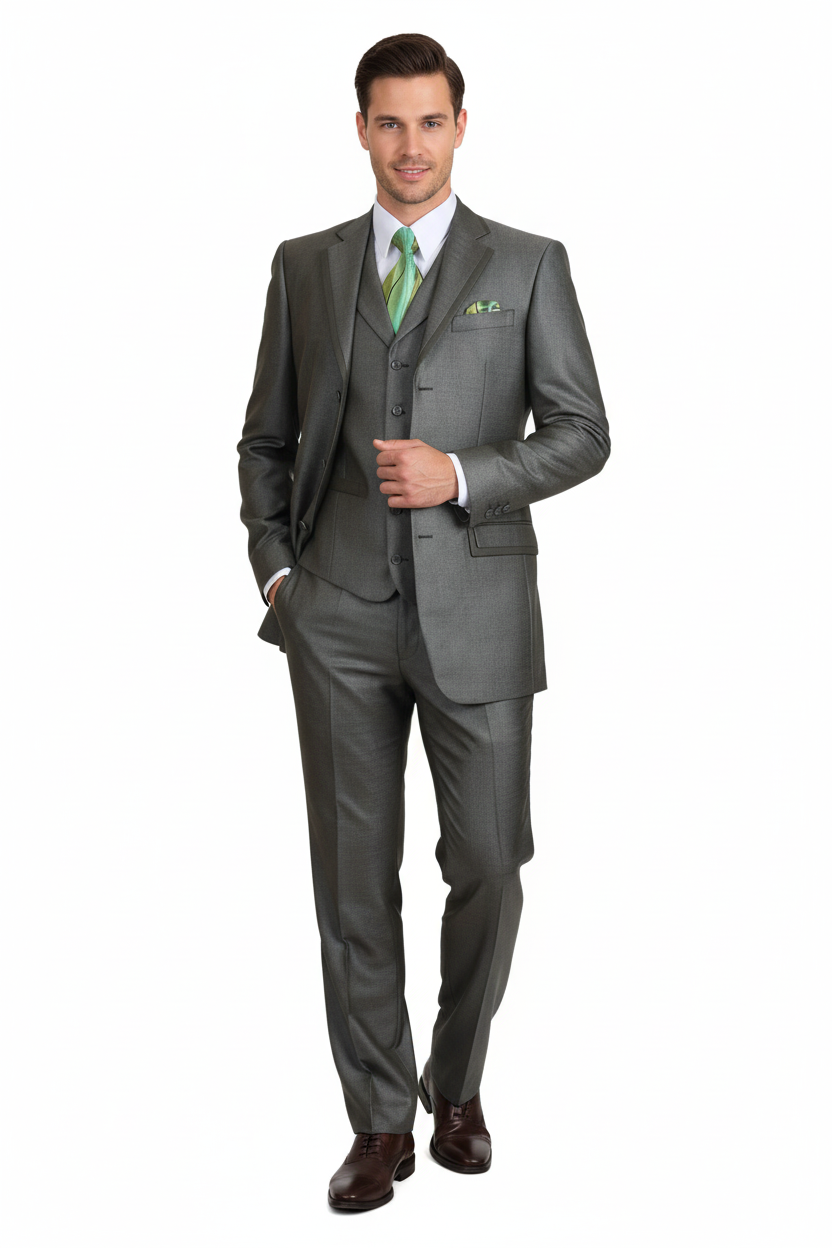 Mens Olive Green 3-Piece Suit  Classic Fit with Vest and Tie Pleated Pants Three Buttons