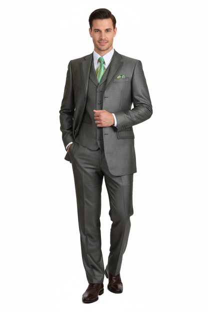 Mens Olive Green 3-Piece Suit  Classic Fit with Vest and Tie Pleated Pants Three Buttons