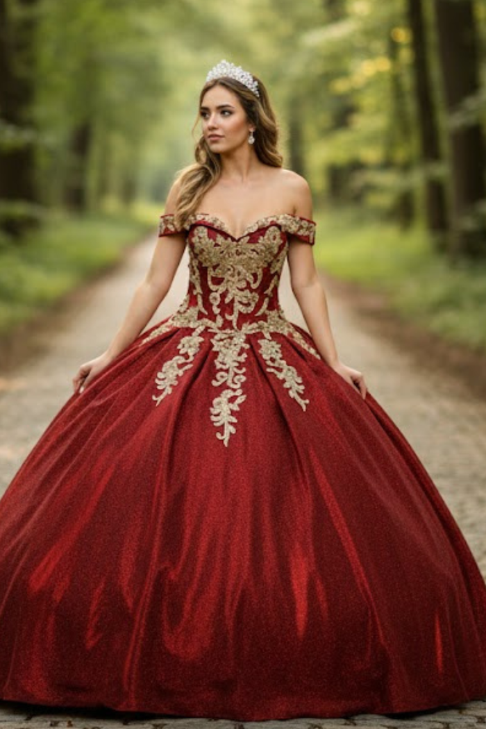 Plus Size Ball Gown in Burgundy/Gold | Formal Quinceanera Dress