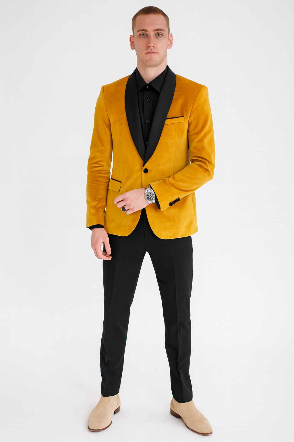 Men’s Mustard Gold Velvet Tuxedo Jacket – Slim Fit Dinner Blazer with Black Satin Shawl Lapel + Free Black Pants & Bowtie