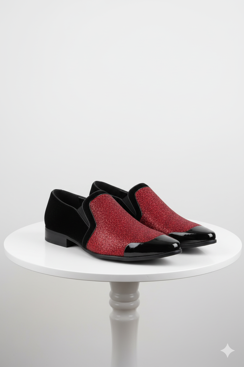 Mens Red Glitter Tuxedo Loafers  Shiny Slip-On Dress Shoes with Black Patent Toe for Parties and Formal Events