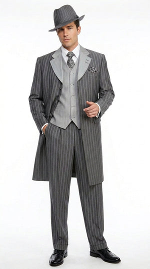 Men’s Grey Pinstripe Zoot Suit 3 Piece – 1920s Gangster Vintage Wide Lapel Suit with Vest for Wedding, Party