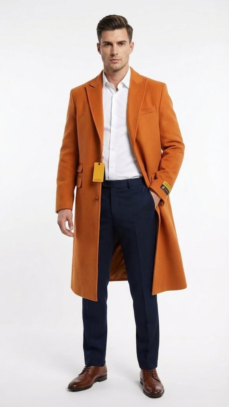 Mens Orange - Rust Wool Blend Long Overcoat  Topcoat Carcoat Topcoat