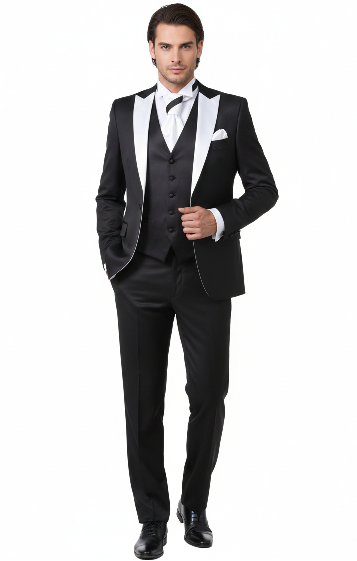 Mens Black and White Lapel Prom Tuxedo Suit  Black Vest  Black Pants Peak Lapel