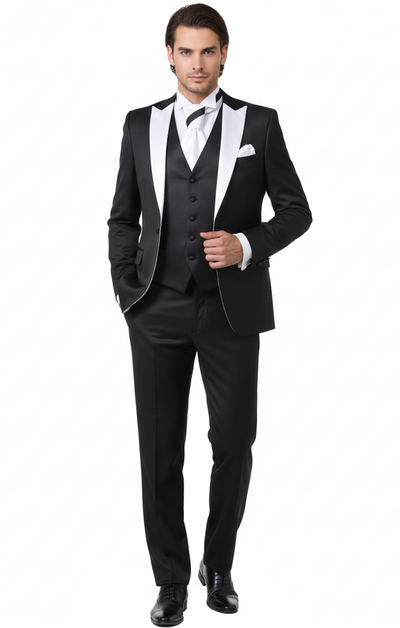 Mens Black and White Lapel Prom Tuxedo Suit  Black Vest  Black Pants Peak Lapel