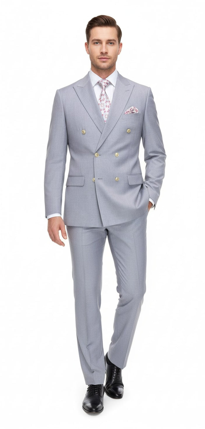 Mens Silver Grey Double-Breasted 3-Piece Suit  Classic Tailored Fit with Peak Lapel and Gold Buttons for Weddings, Church and Formal Events