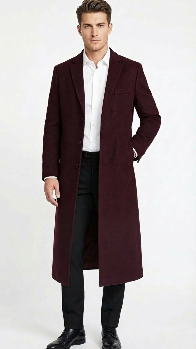 Mens Burgundy Long Coat  Classic Fit Wool Blend Overcoat - Topcoat Full length