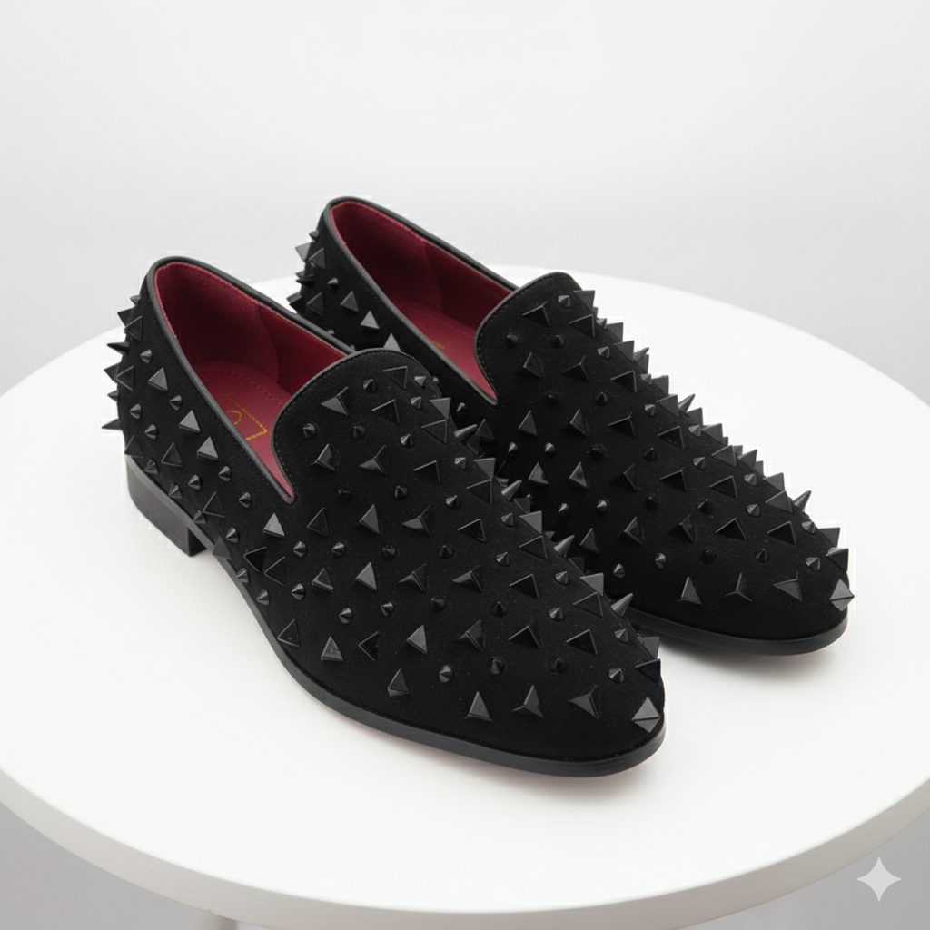 Mens Black Studded Loafers  Sparko 09 Luxury Slip-On Dress Shoes with Spikes for Party, Prom, and Formal Events