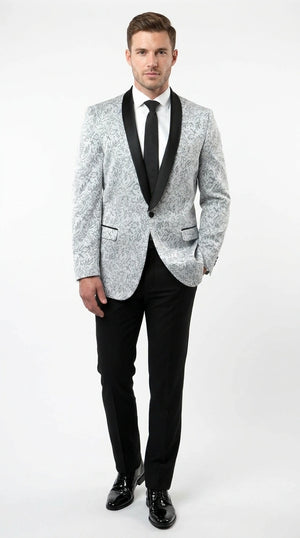 Men's Silver and Black Floral Blazer - Elegant Formal Tuxedo Style Jacket for Wedding, Party, Prom Evening Wear Men's Silver and Black Floral Blazer - Elegant Formal Tuxedo Style Jacket for Wedding, Party, Prom Evening Wear