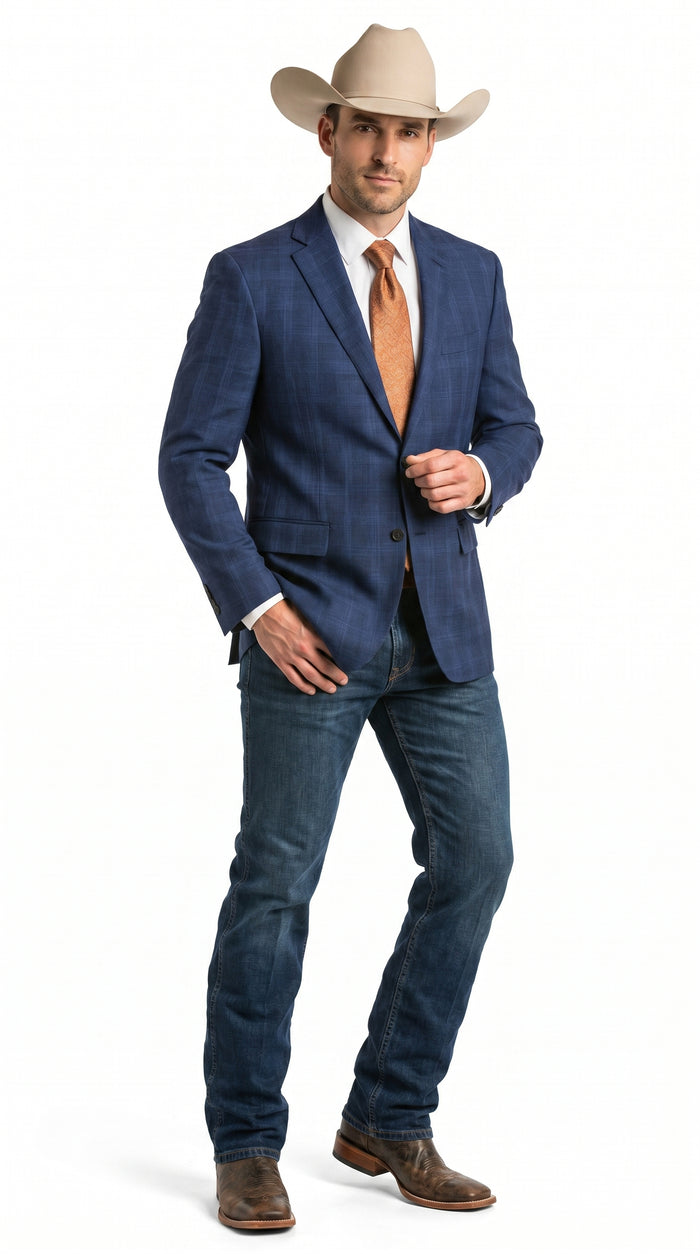 Men’s Dark Blue Western Sport Coat with Two Button Front, Notch Lapel Designer Blazer Jacket